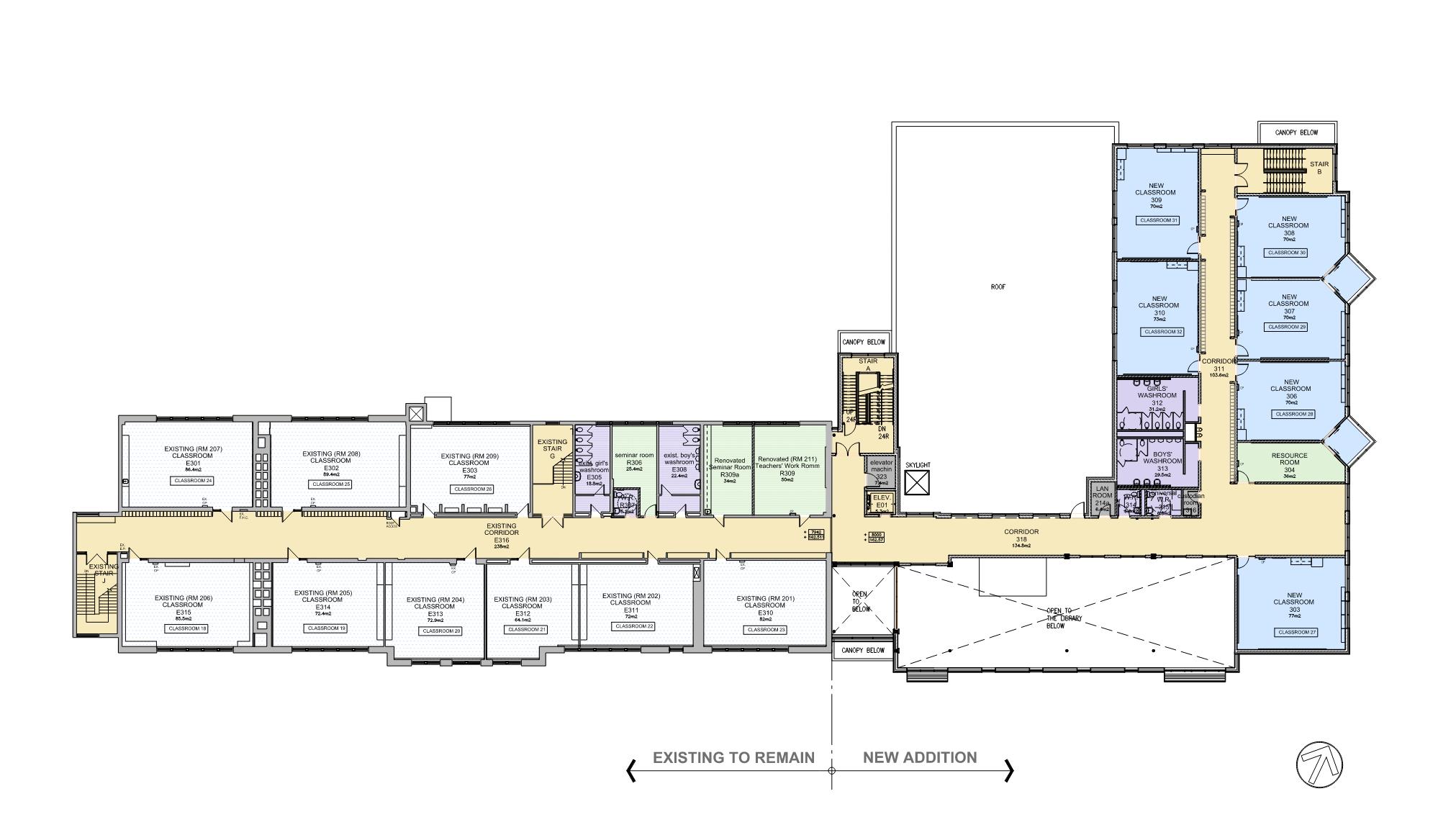 Third floor plan looking down from above depicting instructional & operations spaces situated on the third floor after the project is completed. Open Gallery